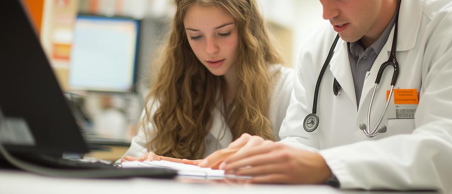 image of a physician with a student at a computer 