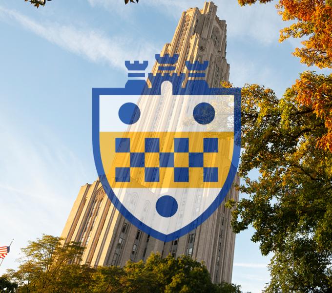 Pitt shield in front of the cathedral of learning